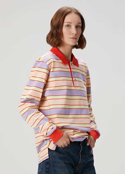 Pembe Çizgili Uzun Kol Polo T-shirt