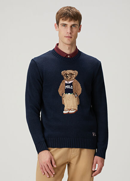 Navy Blue Logo Embroidered Linen Sweater