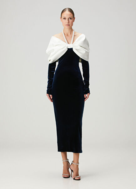 Ivy Crown Lacivert Maksi Kadife Abiye Elbise