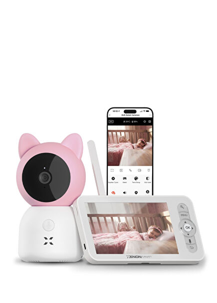 3MP 5" LCD Monitör ve Mobil Kontrollü Ninni ve Hareket Algılama Gece Görüşlü Pembe Bebek Kamerası  X7202
