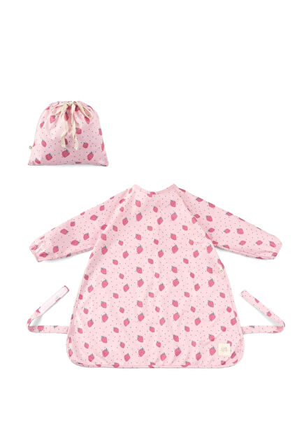 Pembe Çilek Desenli Sıvı Geçirmez Etkinlik & BLW Mama Önlüğü ve Kesesi