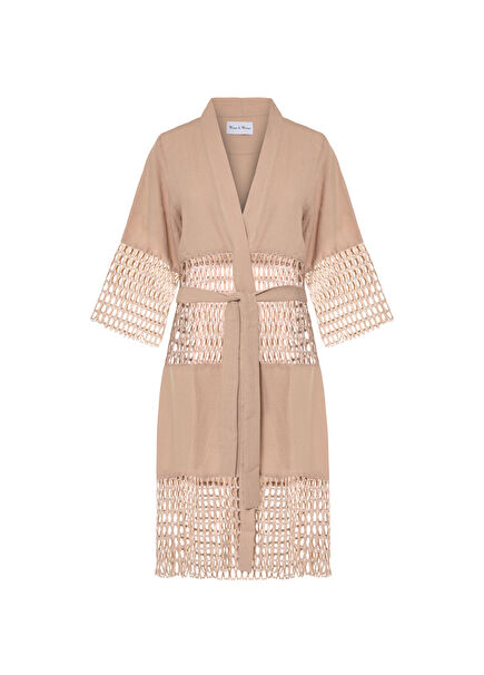 Beige Women's Kimono with Mesh Panel Detail