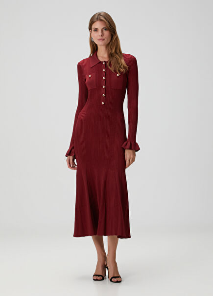 Burgundy Ribbed Midi Polo Dress