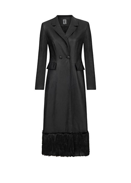 Daphne Siyah Deri Kürk Detaylı Uzun Kadın Kaban 