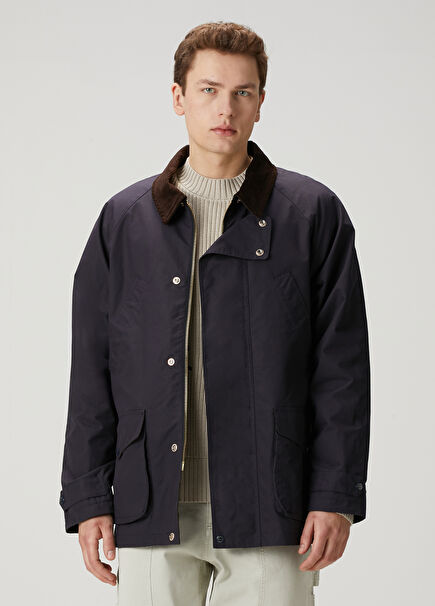 Navy Blue Collar Velvet Garnished Coat