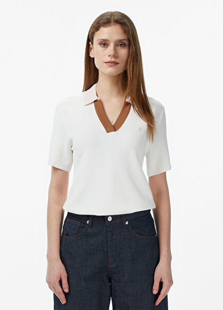 Krem Rengi Polo Yaka Triko Regular Fit Kısa Kollu Kadın T-shirt