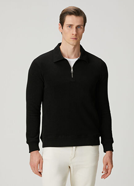 St. Moritz Koyu Lacivert Polo Yaka Yarım Fermuarlı Erkek Sweatshirt