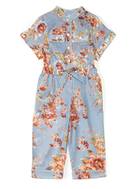 Blue Patterned Girl's Jumpsuit