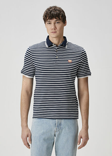 Lacivert Beyaz Polo Yaka Çizgili T-shirt