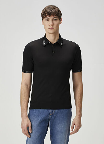 Siyah Polo Yaka Kısa Kollu İpek Triko