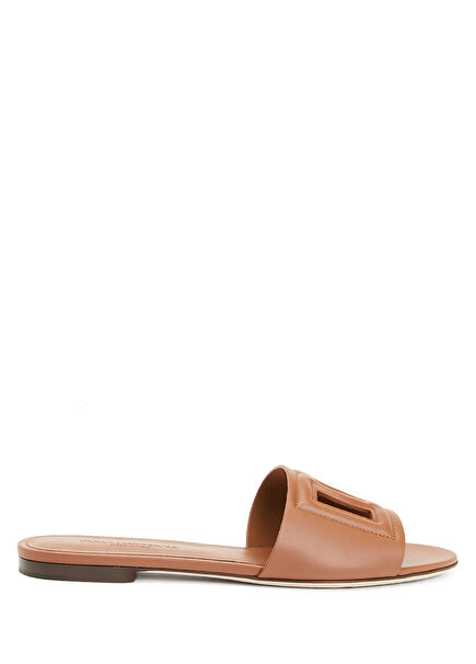 Light Brown Logo Detailed Women's Leather Slippers