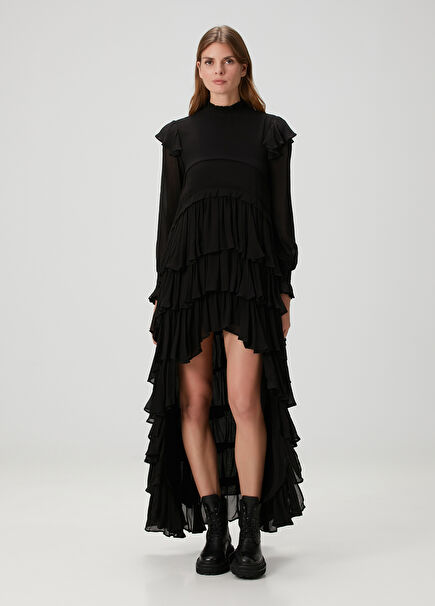 Cavarly Black Ruffled Maxi Dress
