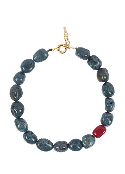 Malachite 18K Gold Plated Women's Necklace with Red Glass Bead Detail