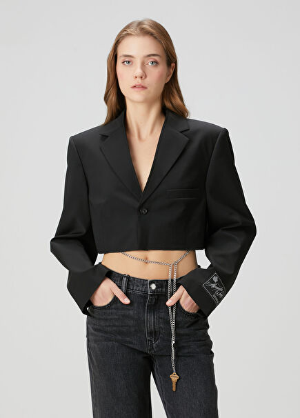 Black Chain Detail Crop Wool Blazer
