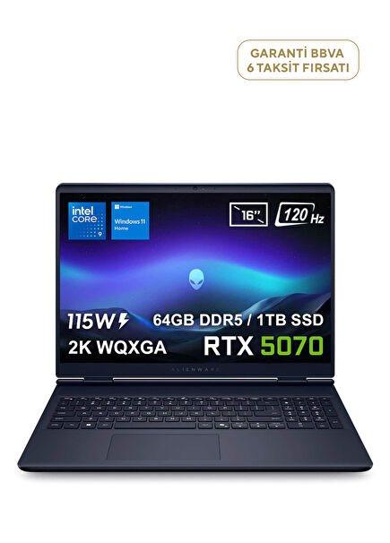 Alienware 16 Aurora Intel Core 9-270H 64GB DDR5 1TB SSD RTX5070 8GB 115W 16" 2K WQXGA 120Hz WVA W11 Home Gaming Laptop AC16250-C932157Wv2