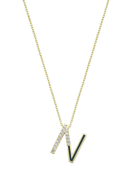 N Letter Diamond Enamel 14K Gold Women's Necklace