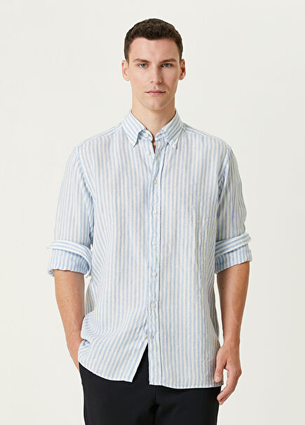 Açık Mavi Çizgi Desenli Keten Gömlek