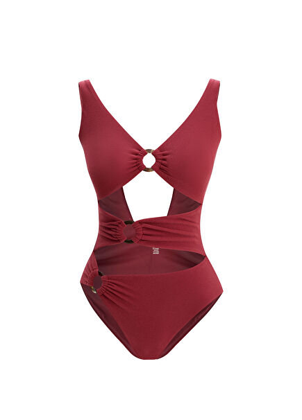 Stella Bordo Cut Out Detaylı Havlu Dokulu Kadın Mayo