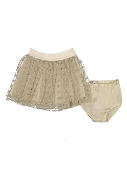 Bej Logo Desenli Kız Çocuk Etek