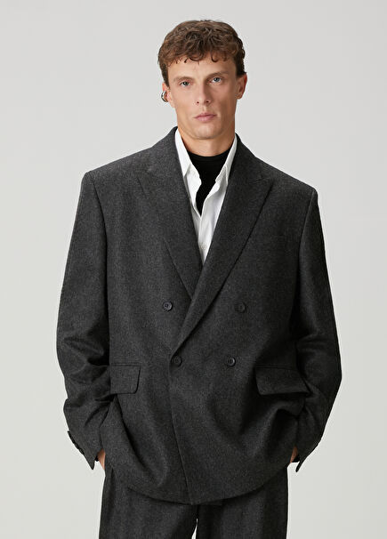 Antrasit Oversized Flanel Yün Kruvaze Ceket