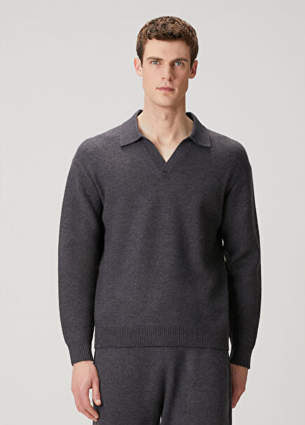 Boiled Koyu Gri Polo Yaka Merino Kazak