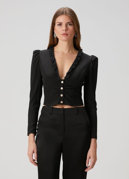 Black Stone Embellished Buttoned Crop Silk Blouse