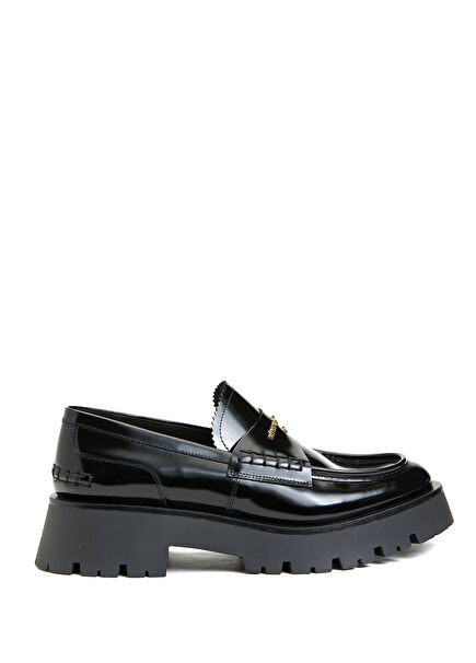 Black Logo Detailed Women's Leather Loafer