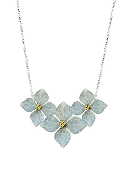 Üç Mavi Ortanca 925 Ayar Gümüş Kadın Kolye 