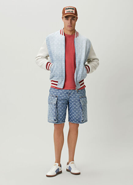 Blue Logo Jacquard Denim Cargo Bermuda
