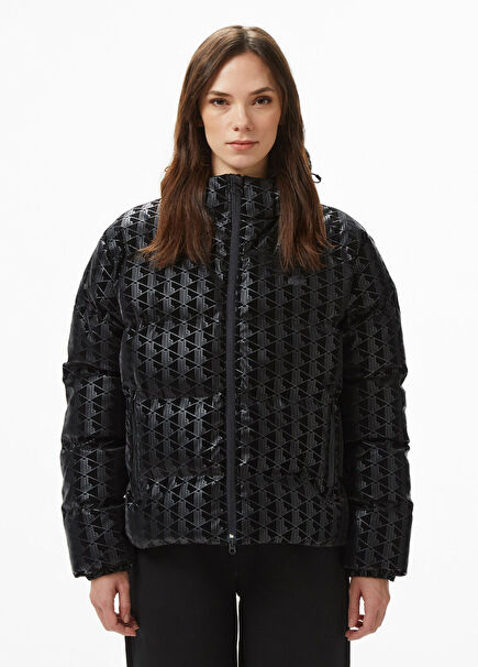 Siyah Monogram Kapüşonlu Kadın Mont