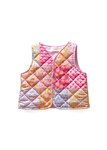 Renkli Kapitone Patchwork Baskılı Pofuduk Kız Çocuk Yelek