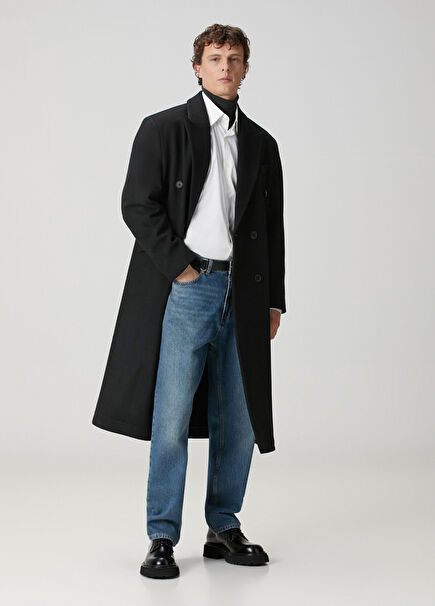 Siyah Yün Kruvaze Palto