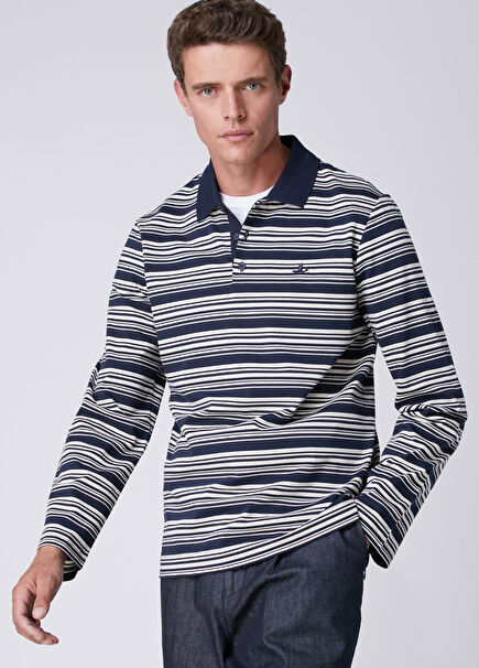 Comfort Fit Navy Blue White Striped Polo Sweatshir