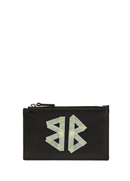 Black Logo Printed Men's Leather Card Holder