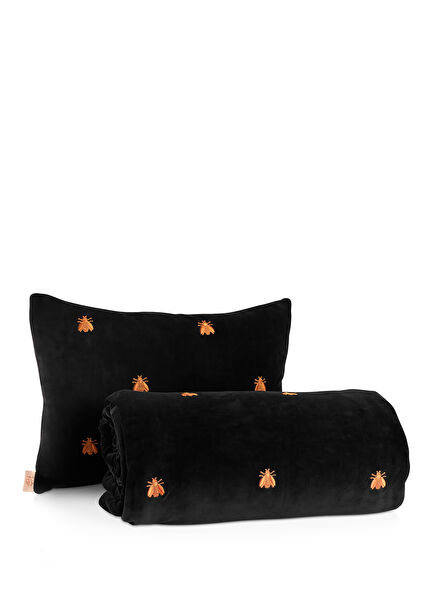 Bee Velvet Throw Pamuk Tek Kişilik Siyah Kadife Battaniye ve Yastık Kılıfı