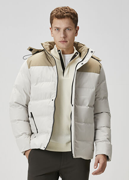 White Beige Hooded Coat