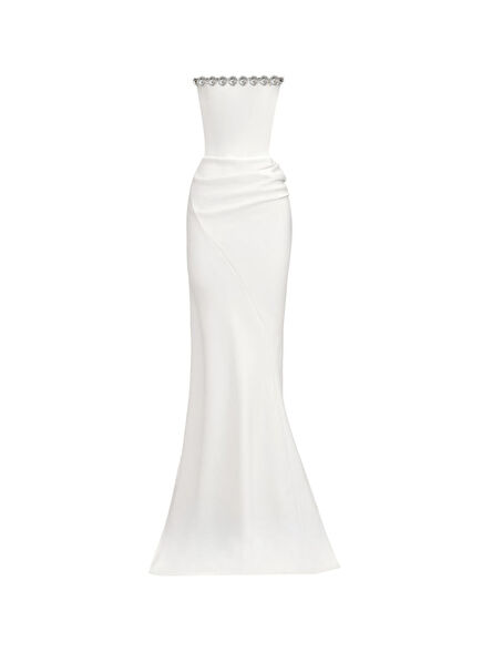 Mia White Crepe Stone Detail Strapless Long Women's Evening Dress