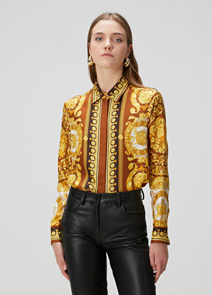 Sarı Barok Desenli İpek Gömlek