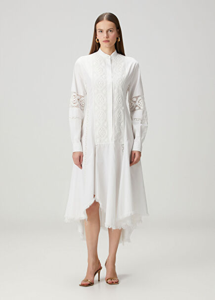 Beyaz Asimetrik Midi Gömlek Elbise