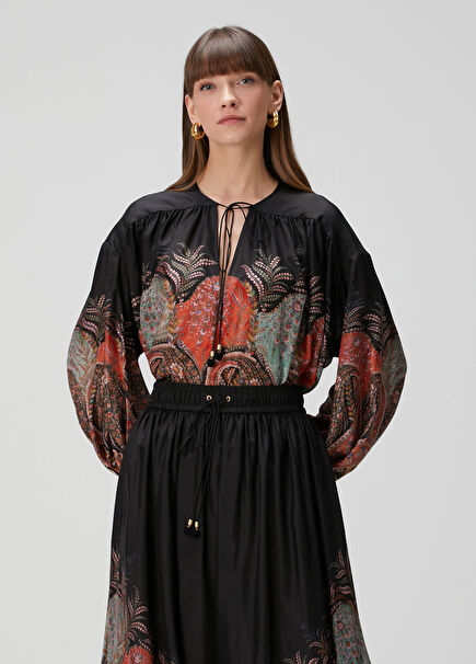 Rhiannon Siyah Şal Desenli İpek Bluz