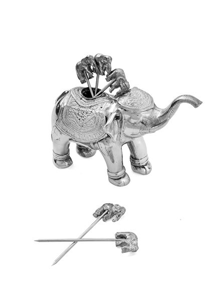 Elephant Figure Pewter Cocktail Stick Holder and Sticks
