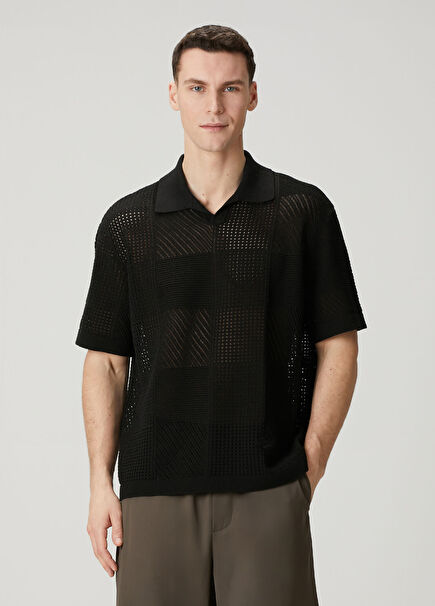 Black Patchwork Openwork Textured Knit Shirt