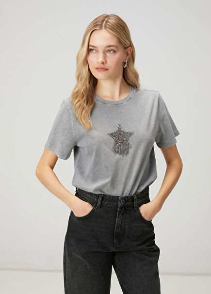 Gri Taş İşlemeli T-shirt