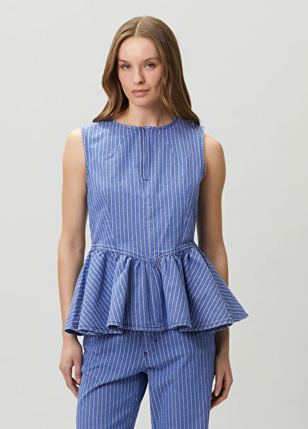 Merja Blue Striped Peplum Detailed Blouse