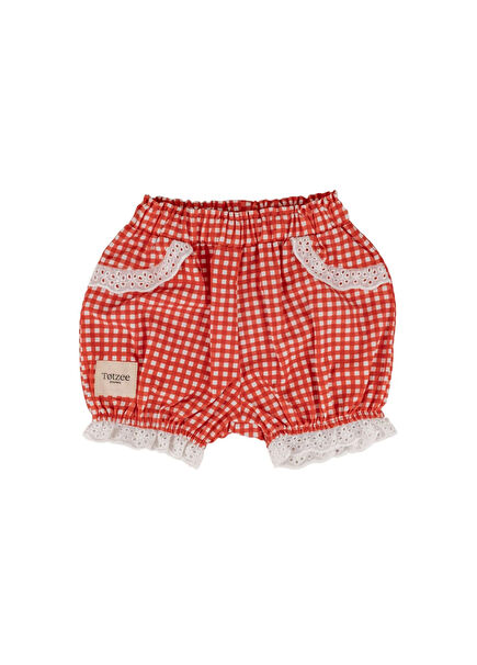 Kırmızı Beyaz Mini Ekose Fisto Detaylı Kız Bebek Şort