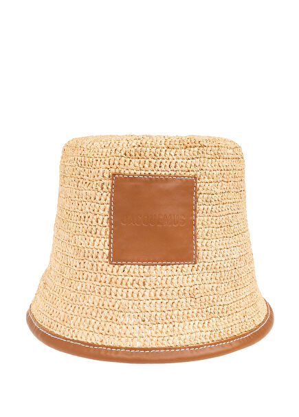 Women's Raffia Bucket Hat With Beige Logo