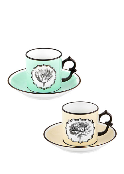 Herbariae Patterned Green Yellow Porcelain Coffee Cup and Saucer Set