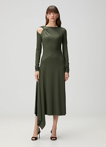 Koyu Yeşil Asimetrik Kesim Midi Abiye Elbise