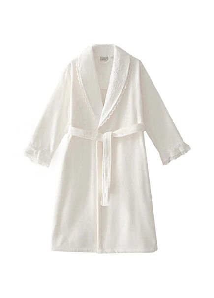 Paye Nakışlı Krem Rengi Organik Pamuk Kadın Bornoz