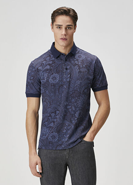 Navy Blue Ethnic Patterned Polo Neck T-Shirt